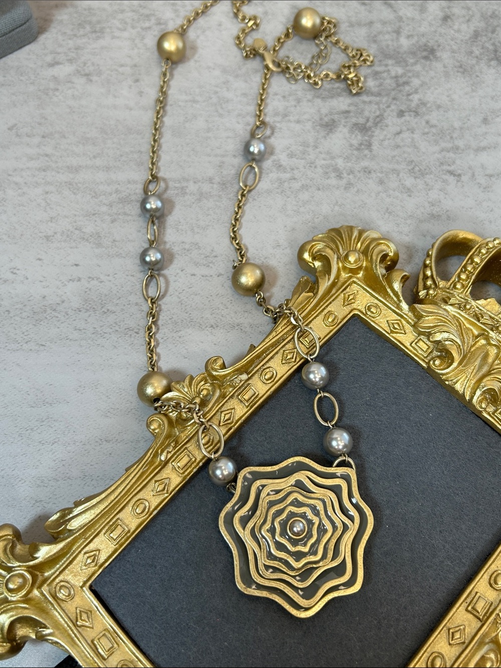 Lia Sophia Gold Floral Layered Pendant Necklace with Gray Beads